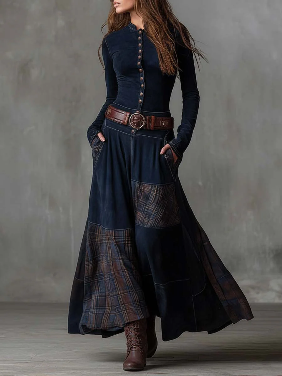 Eleza - Long Sleeve Checked Maxi Dress