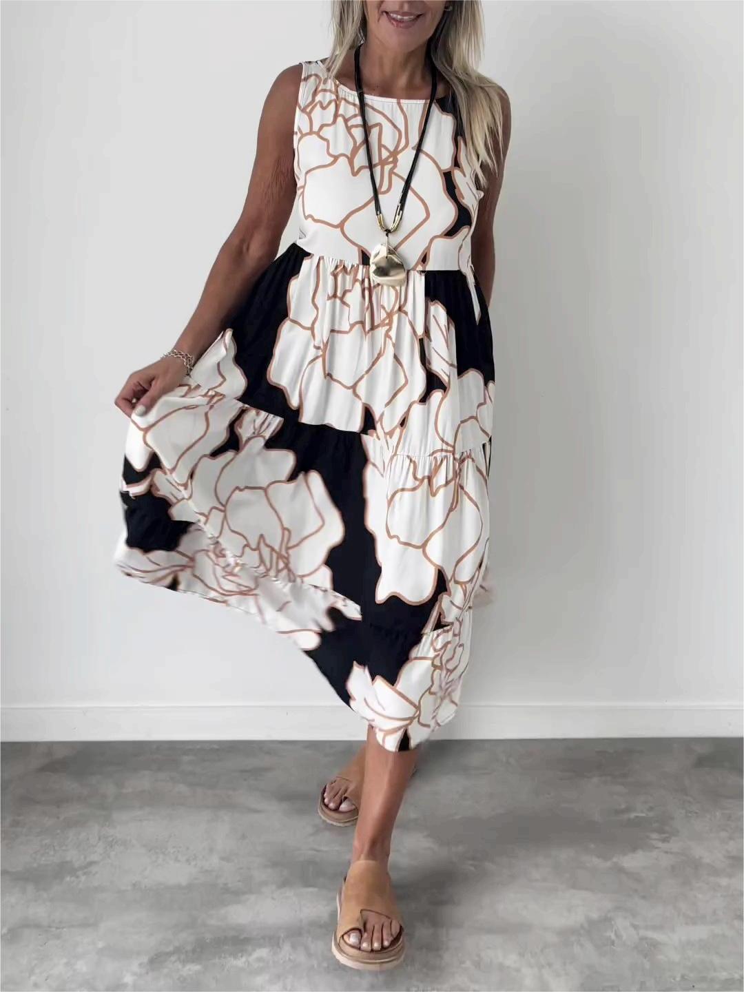 Hertha | Sleeveless Floral Print Tiered Midi Dress