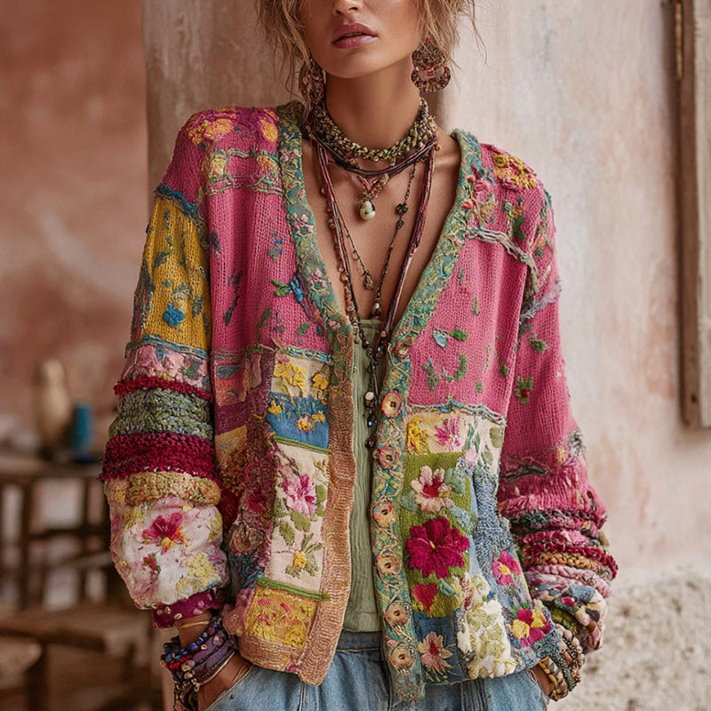 Riddle - Patchwork Floral Knit Button Front Cardigan