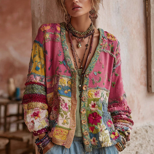 Riddle - Patchwork Floral Knit Button Front Cardigan