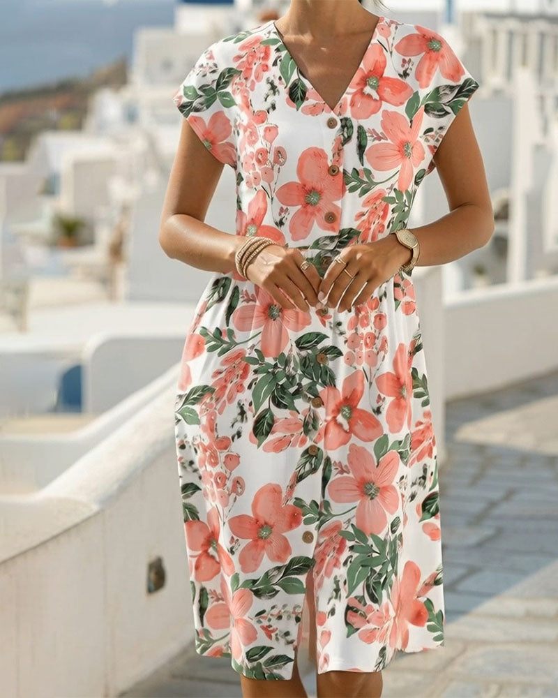 Sinera - Floral Print Short Sleeve Midi Dress