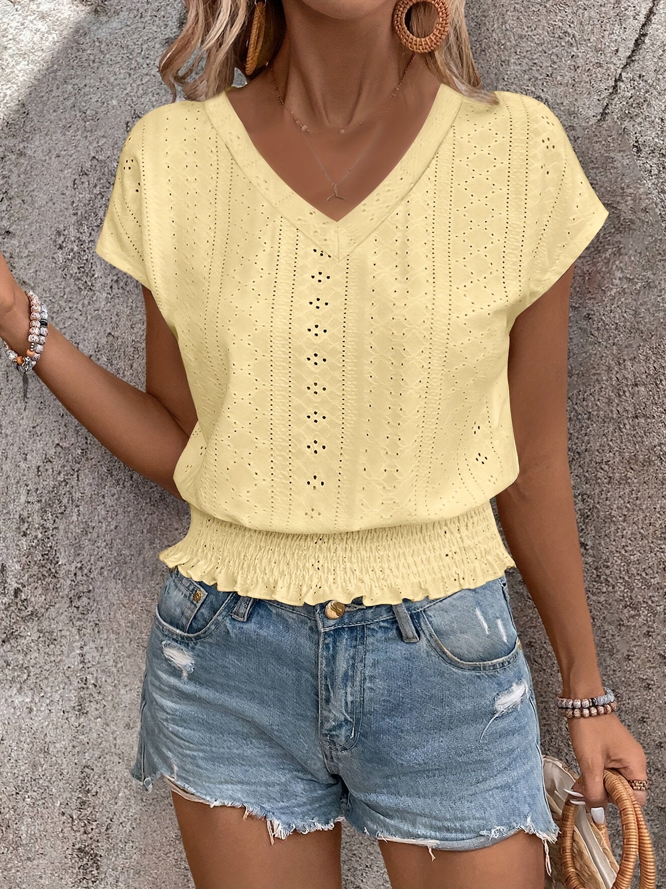 Delores - V Neck Batwing Eyelet Hem Top