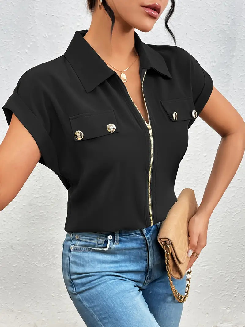 Alfano | Zip Front Collared Short Sleeve Blouse