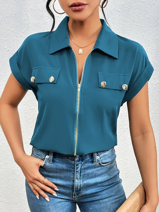 Alfano | Zip Front Collared Short Sleeve Blouse