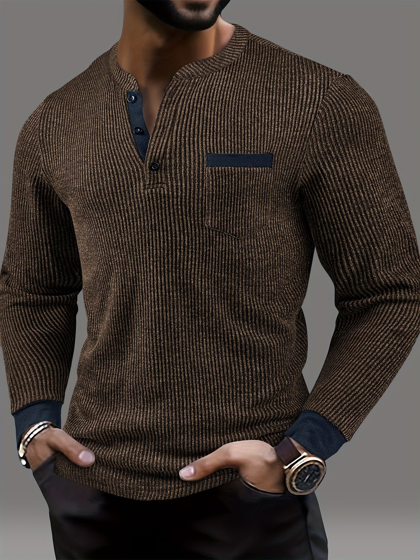 Lorcmir | Textured Striped Long Sleeve Henley Shirt