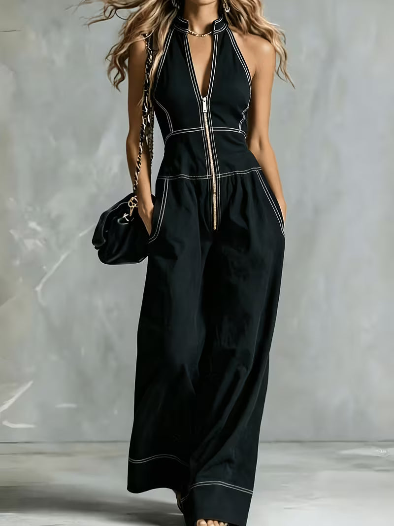 Bryana | Front Zip Patchwork Striped Jumpsuit