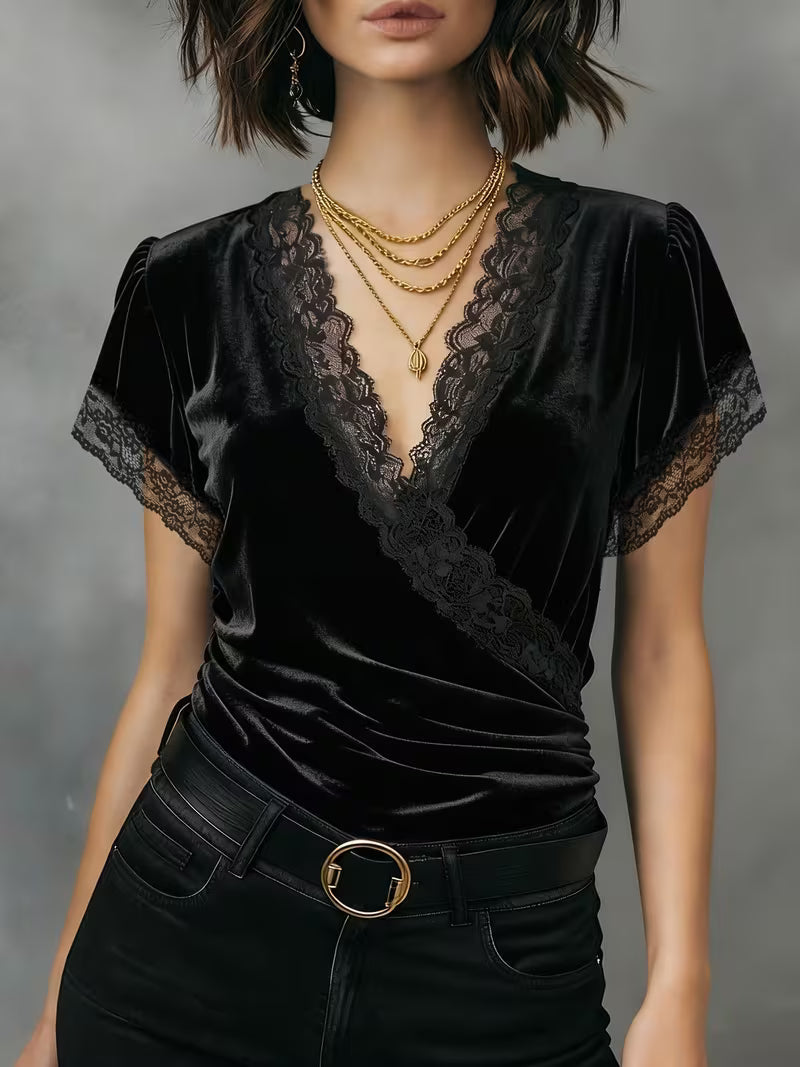 Jalisa | Velvet-Look Lace Trim Wrap Top
