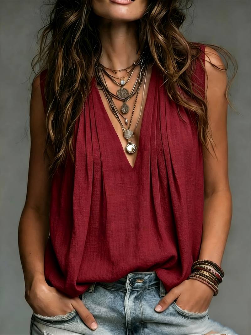 Reem | Sleeveless Pleated Deep V-Neck Blouse