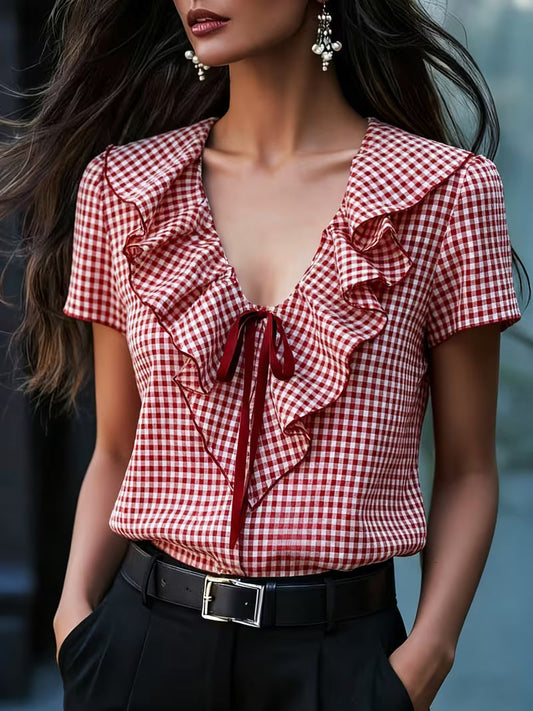 Aliyia | Short Sleeve Ruffle Tie Neck Blouse