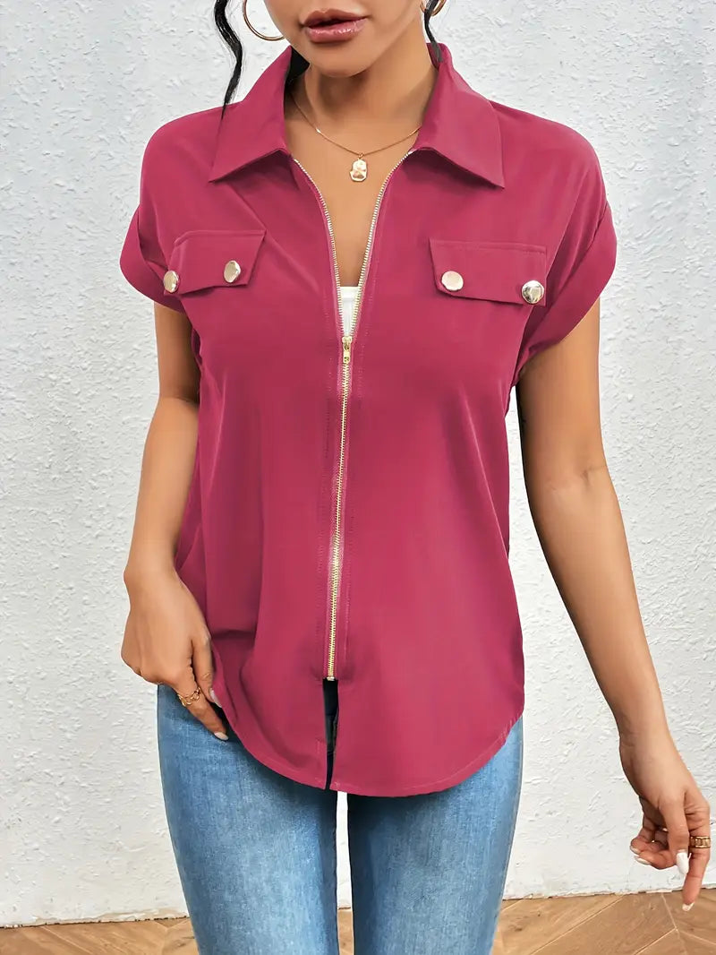 Alfano | Zip Front Collared Short Sleeve Blouse
