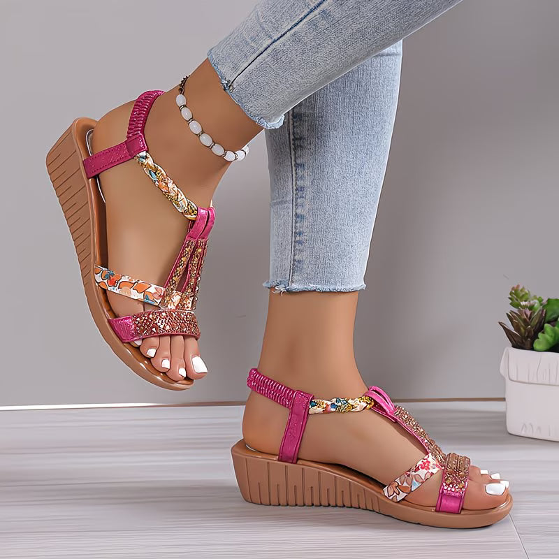 Noelia | Wedge Sandals with Printed T-Straps