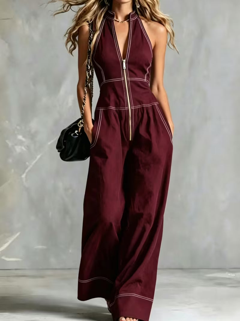 Bryana | Front Zip Patchwork Striped Jumpsuit