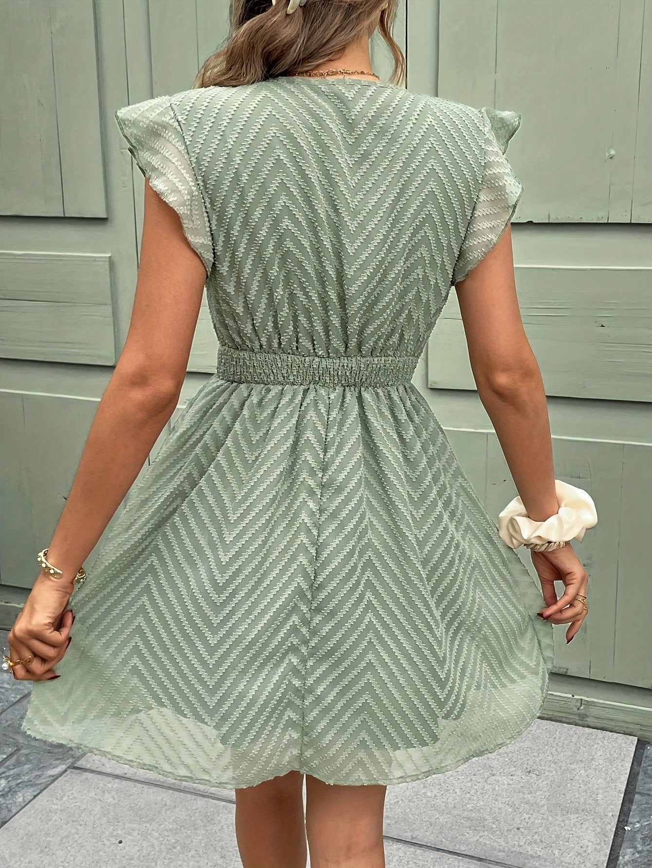 Shirley | Flutter Sleeve V-Neck Chevron Mini Dress