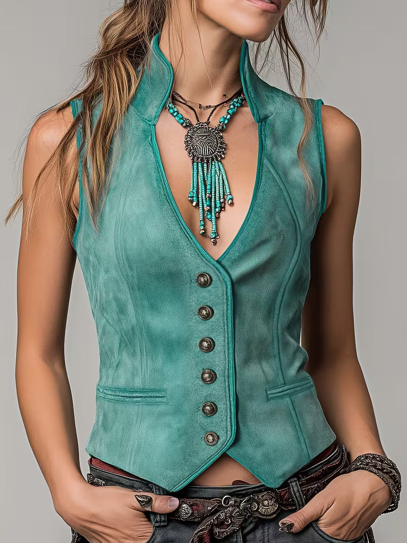 Lrina | Teal Sleeveless Button Front Fitted Vest