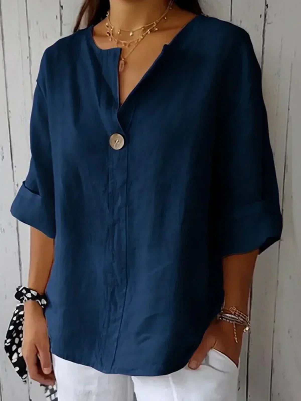 Yvonna | Loose V-Neck Button Blouse