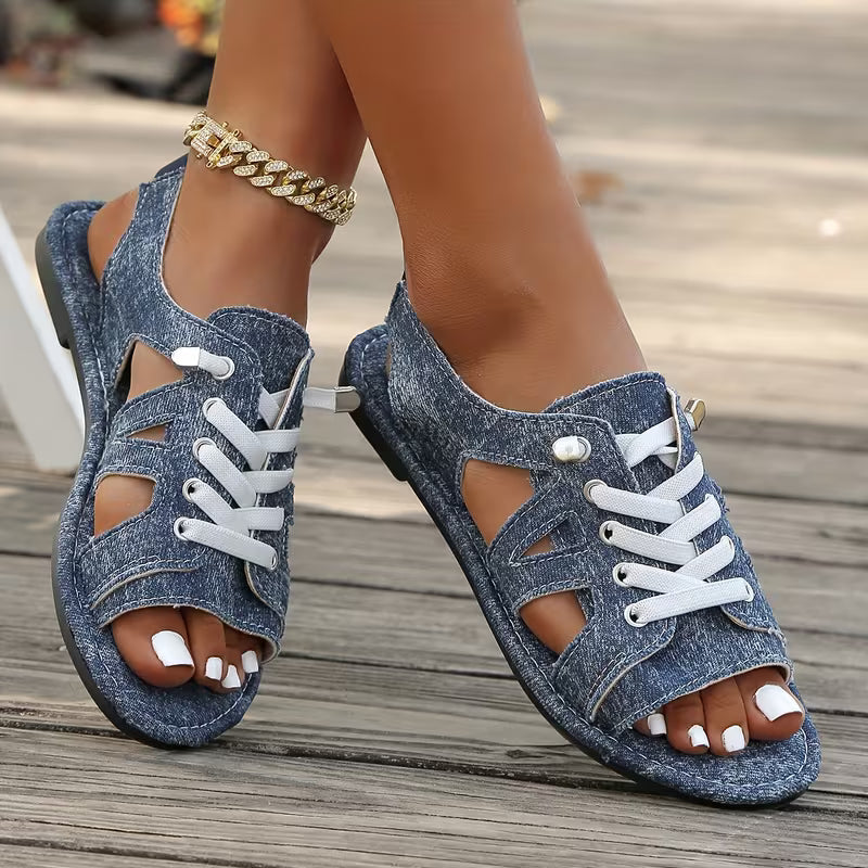 Samyn - Open Toe Lace Up Flat Sandals