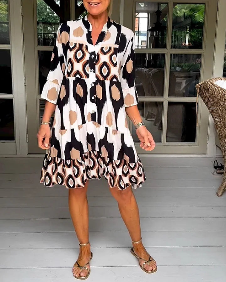 kinza | Printed V Neck Button Front Dress