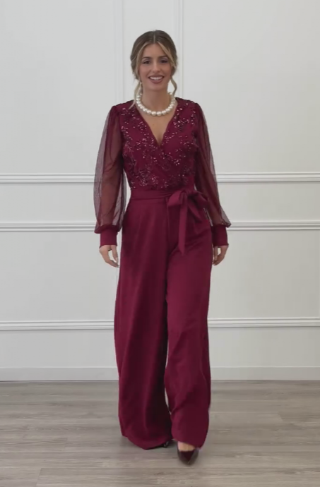 Meira - Embellished Mesh Sleeve Wide Leg Jumpsuit
