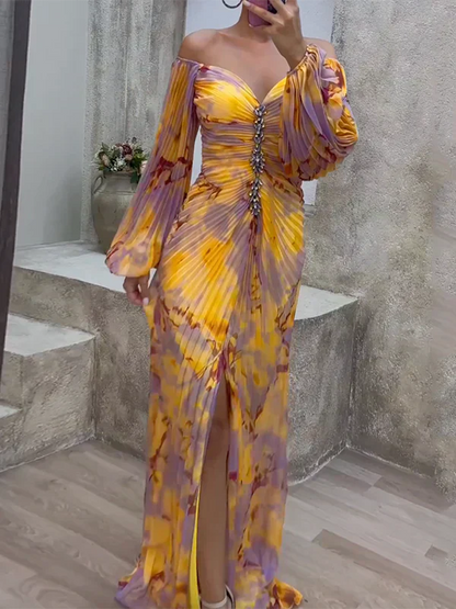 Hileni | Off Shoulder Printed Pleated Maxi Dress
