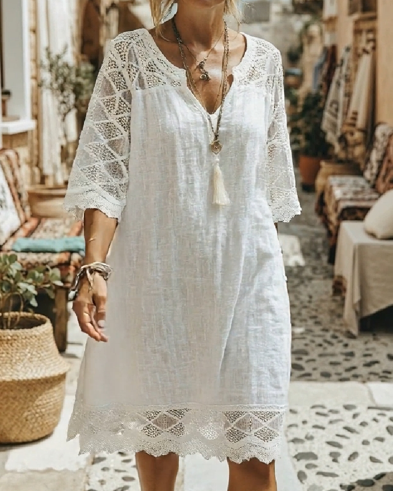 Kilina | V Neck Lace Trim Midi Dress