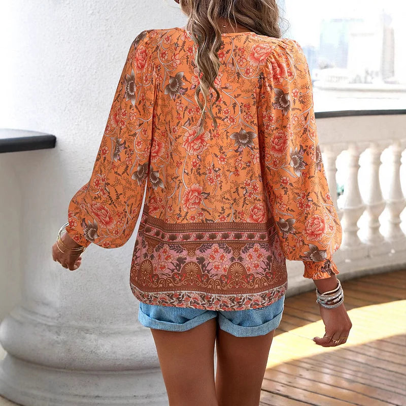 Sallie - Printed Peasant Blouse Long Sleeve Top