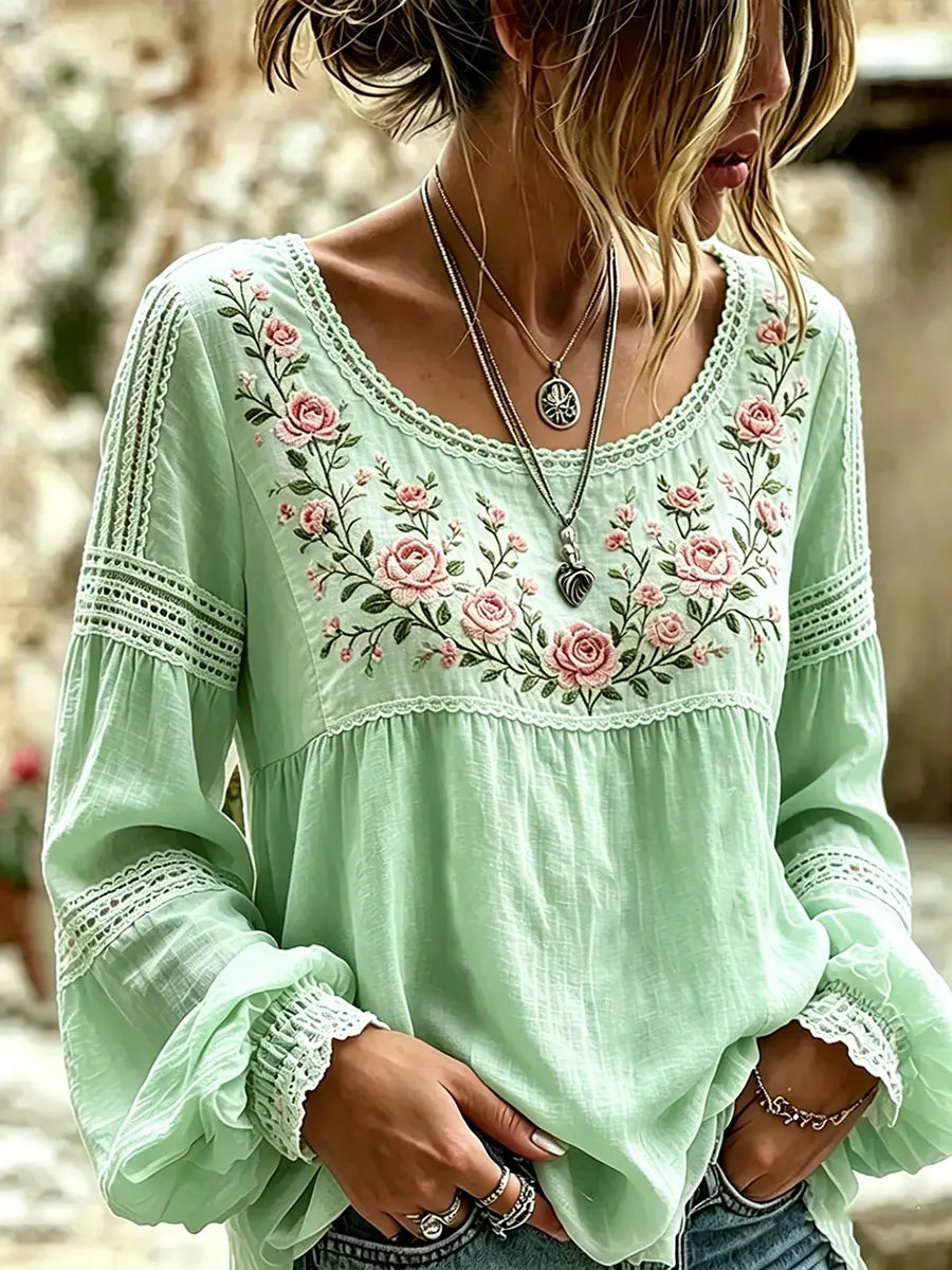 Esraa | Floral Embroidered Long Sleeve Blouse