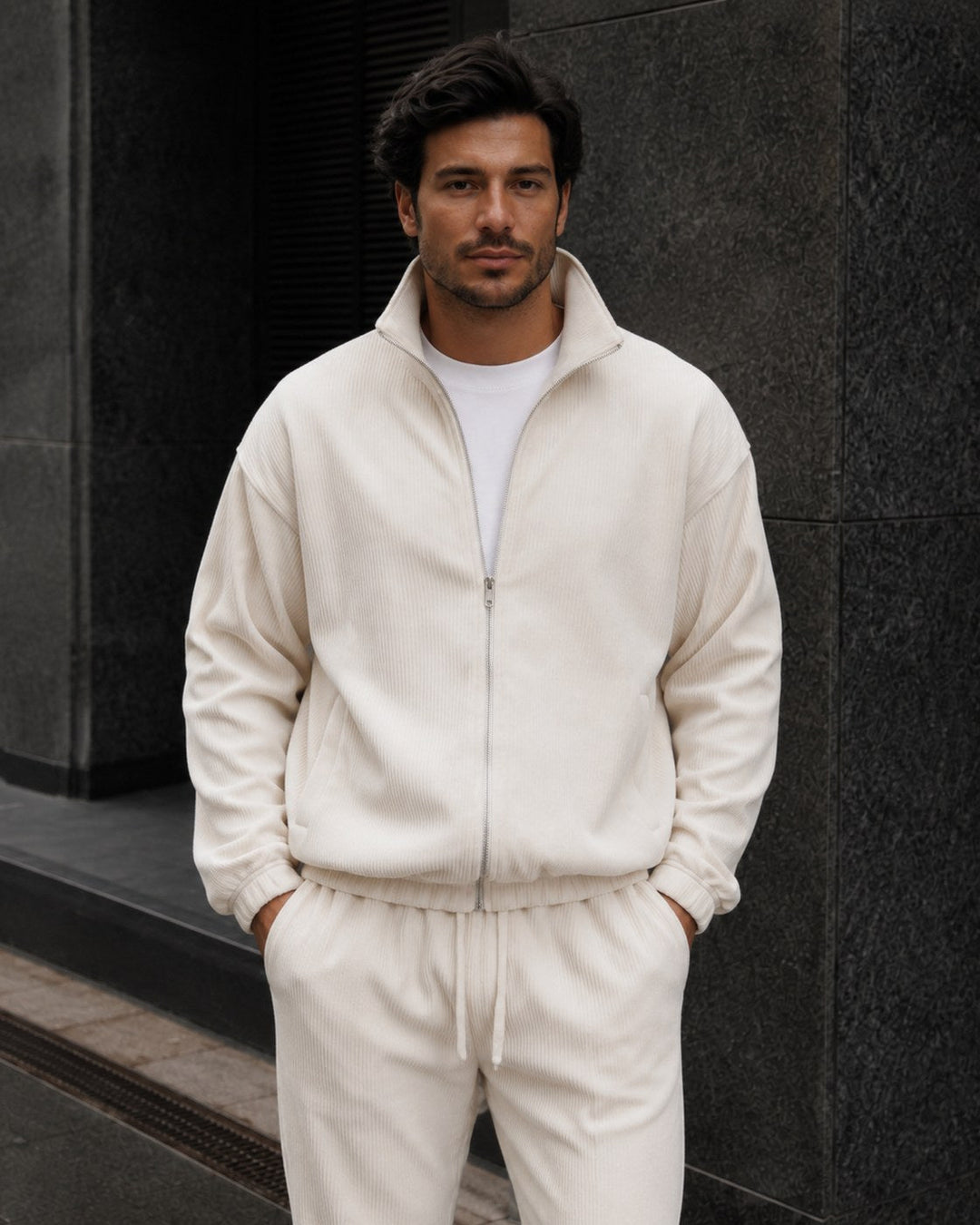 Thomsen | Tracksuit With Cream Ribbed Texture Stand Collar