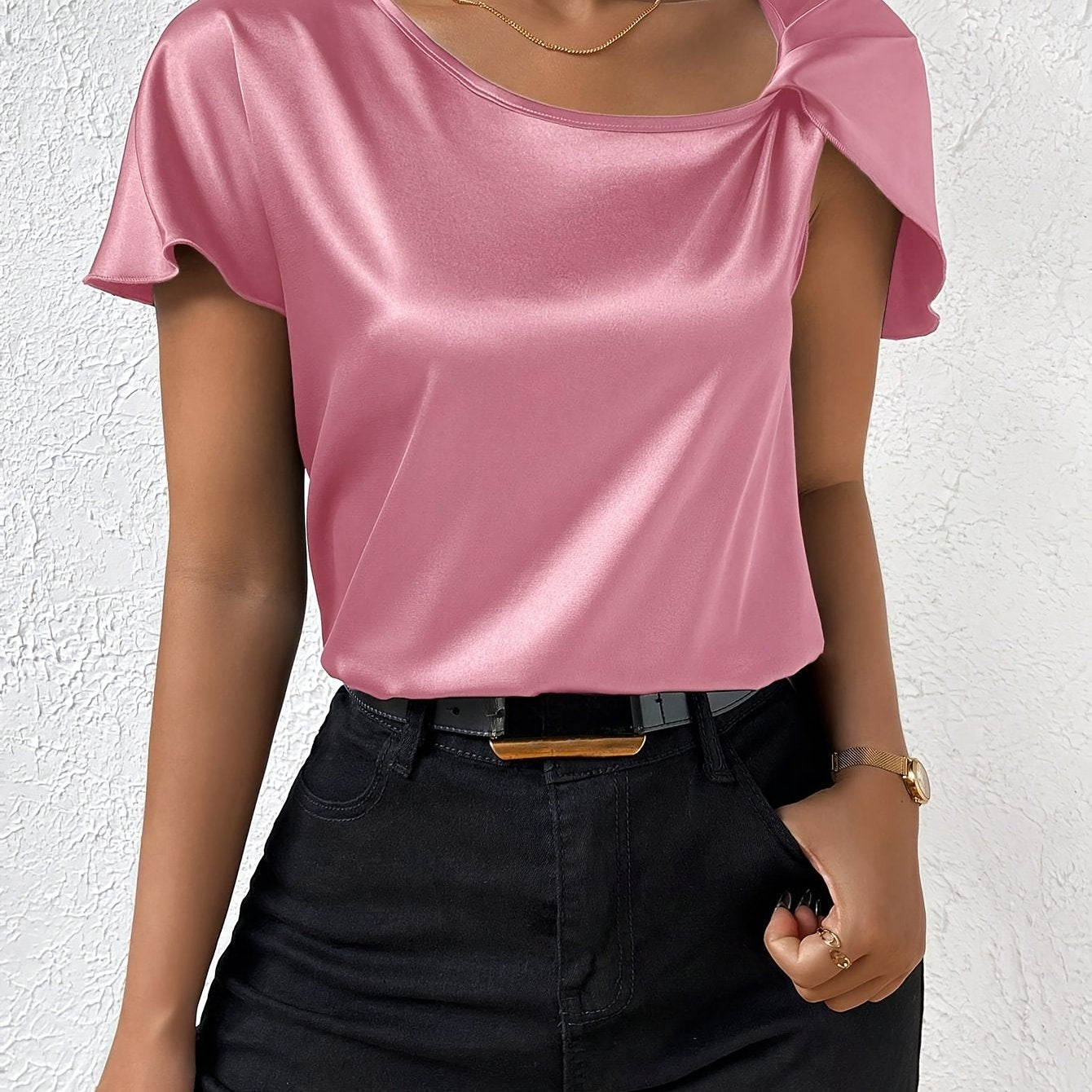 Loretta | Blouse Satin Look Draped Short Sleeve Top