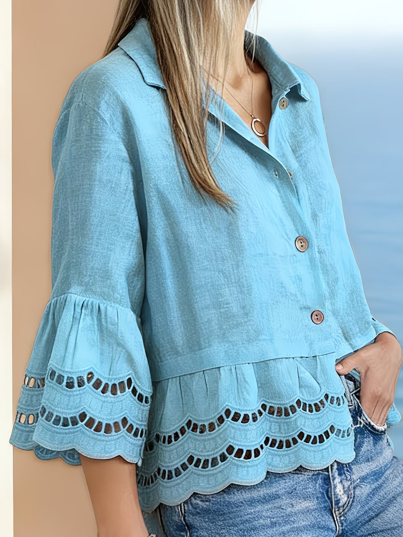 Solenn | Long Sleeve Ruffle Hem Button Blouse
