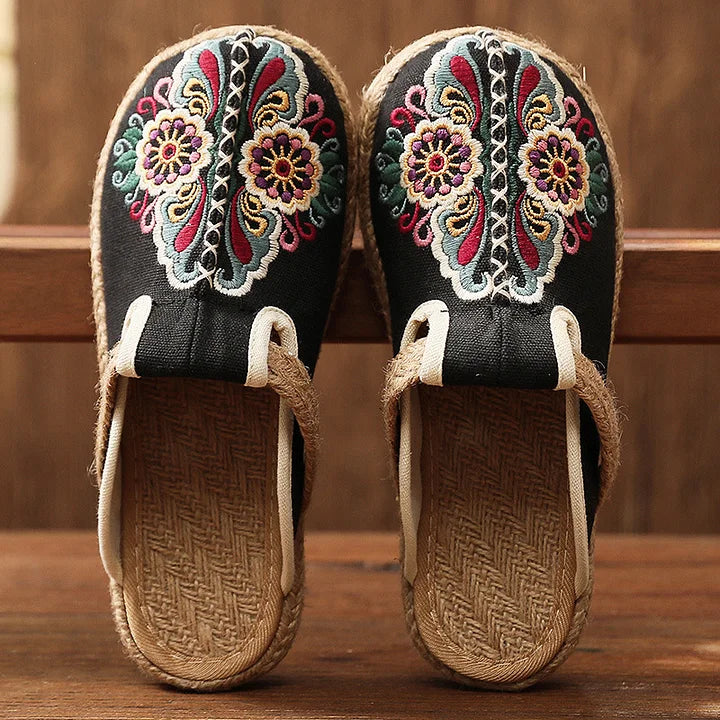 Katy | Floral Embroidered Slip-On Canvas Mules