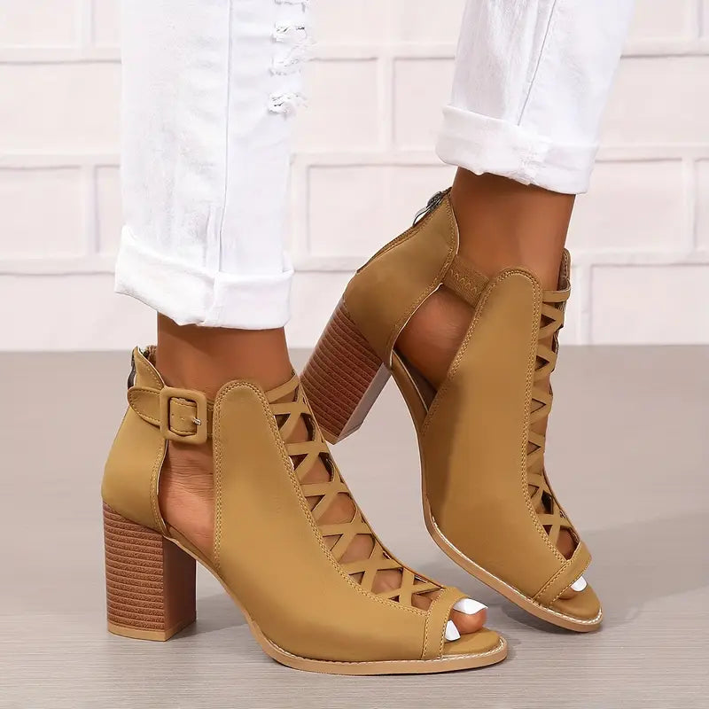 Ruzilya | Peep Toe Lace-Up Chunky Heel Sandals