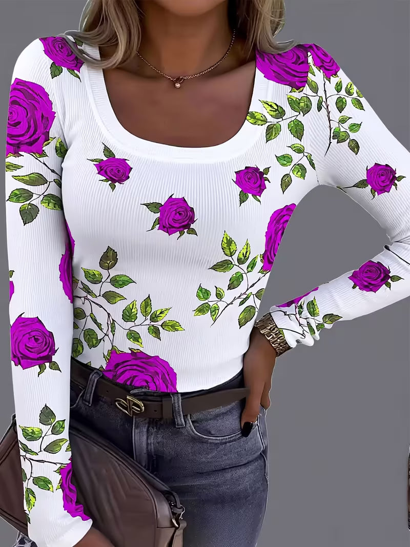Rabiye | Long Sleeve Floral Print Ribbed Top