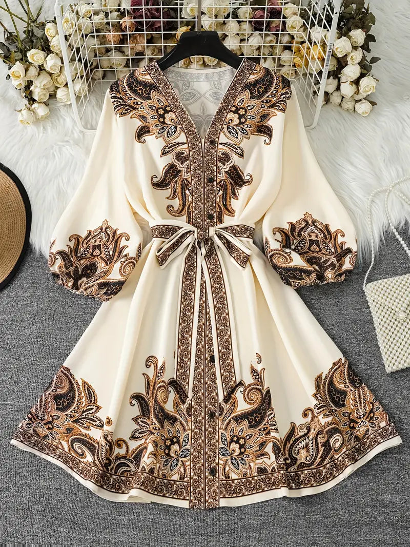 Gwenda | V-Neck Paisley Print A-Line Dress