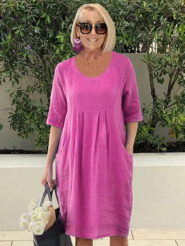 Devyn | Solid Round Neck Pocket Midi Dress