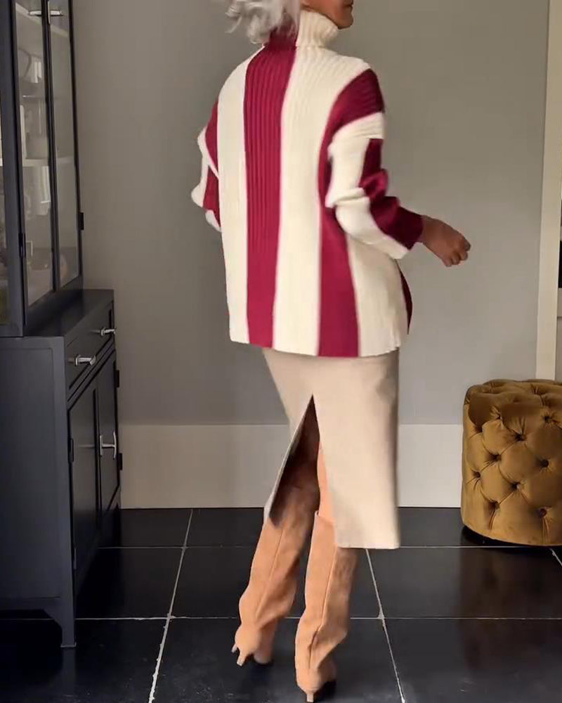 Pauline | Sweater Burgundy White Striped Ribbed Turtleneck