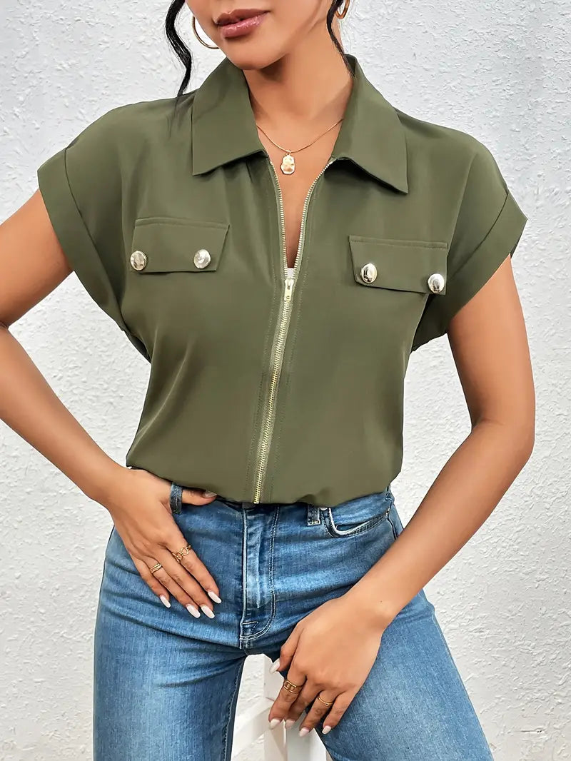 Alfano | Zip Front Collared Short Sleeve Blouse