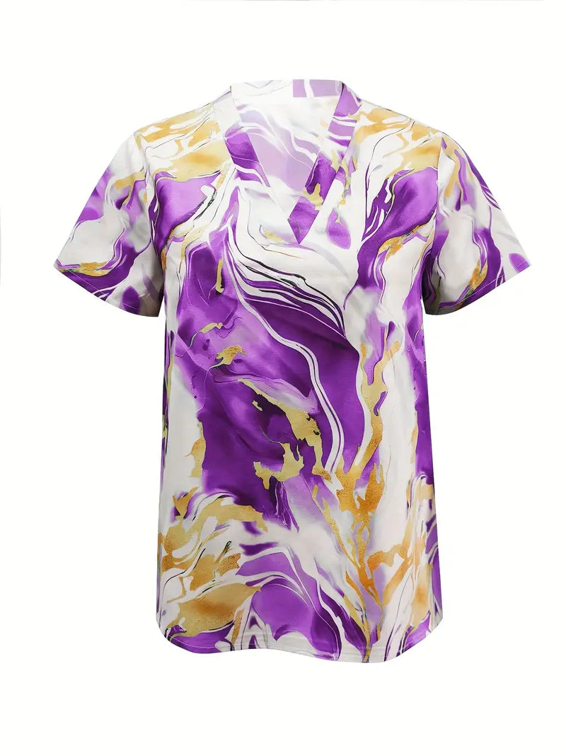 Maroula - Marble Print V Neck Short Sleeve Blouse
