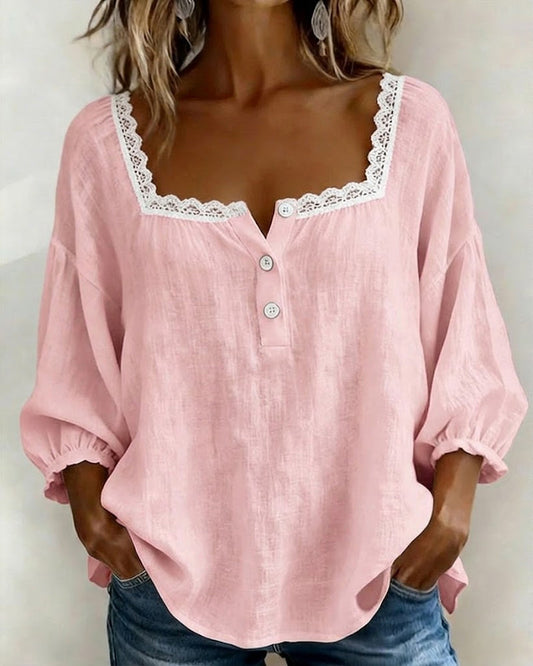 Yana - Square Neck Lace Trim Puff Blouse