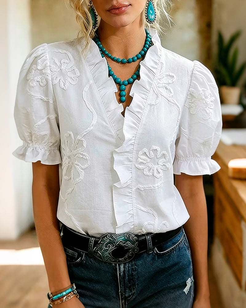 Lillynn | V Neck Ruffle Trim Puff Sleeve Blouse