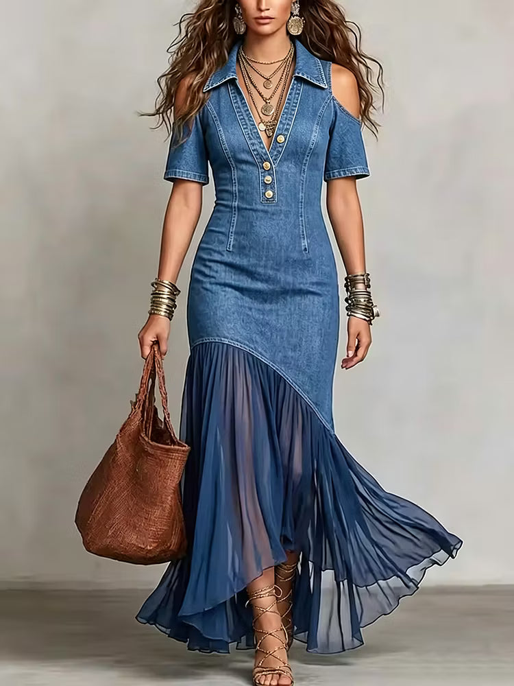 Presley | Denim Cold Shoulder Button Front Maxi Dress