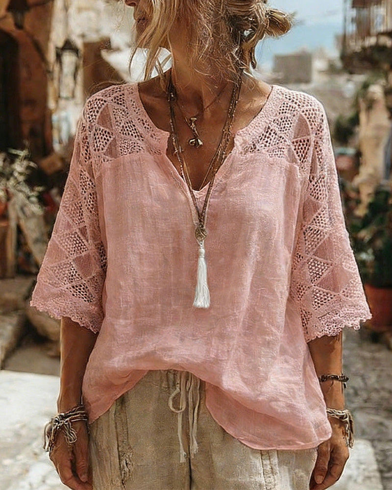 Essien - V Neck Lace Sleeve Loose Fit Blouse