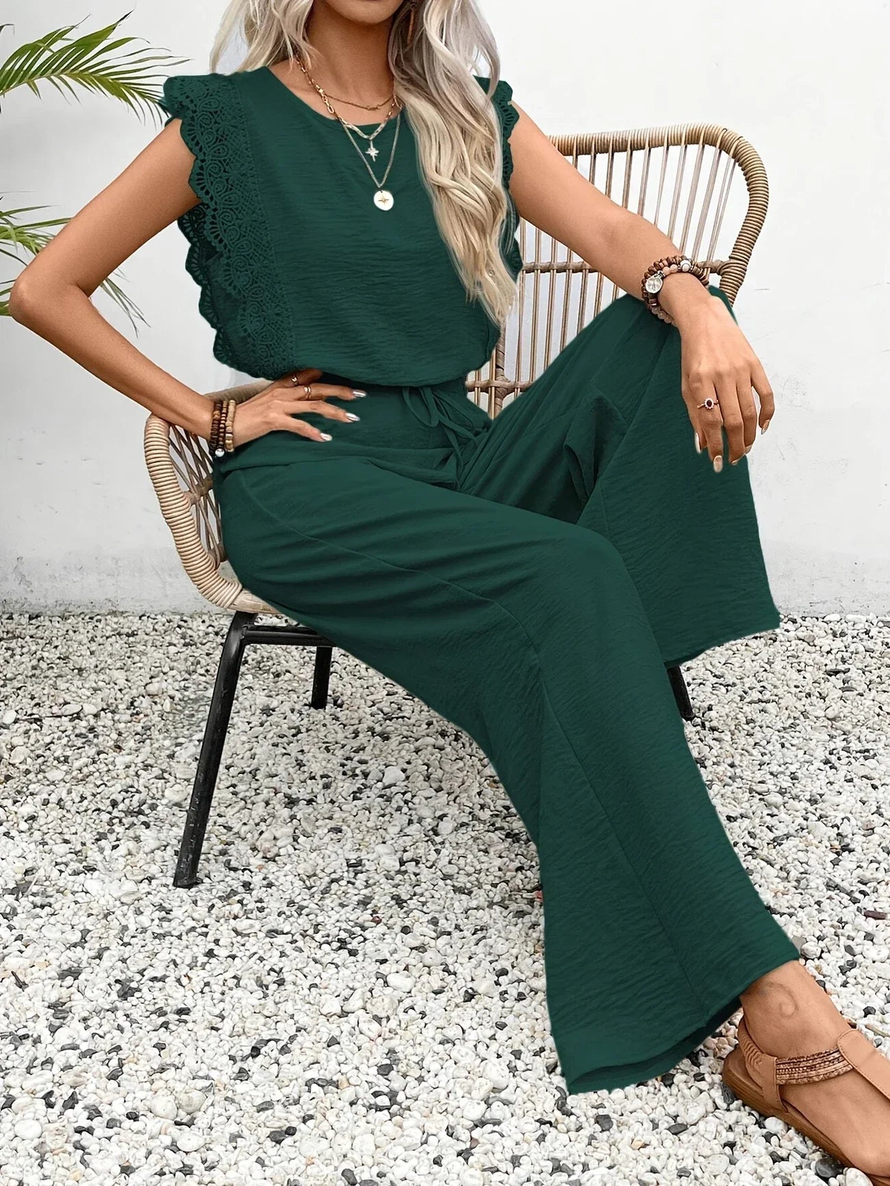 Ziva | Lace Trim Wide Leg Jumpsuit