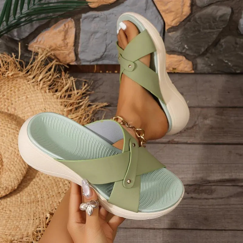 Quessia | Open-Toe Crossover Wedge Slide Sandals