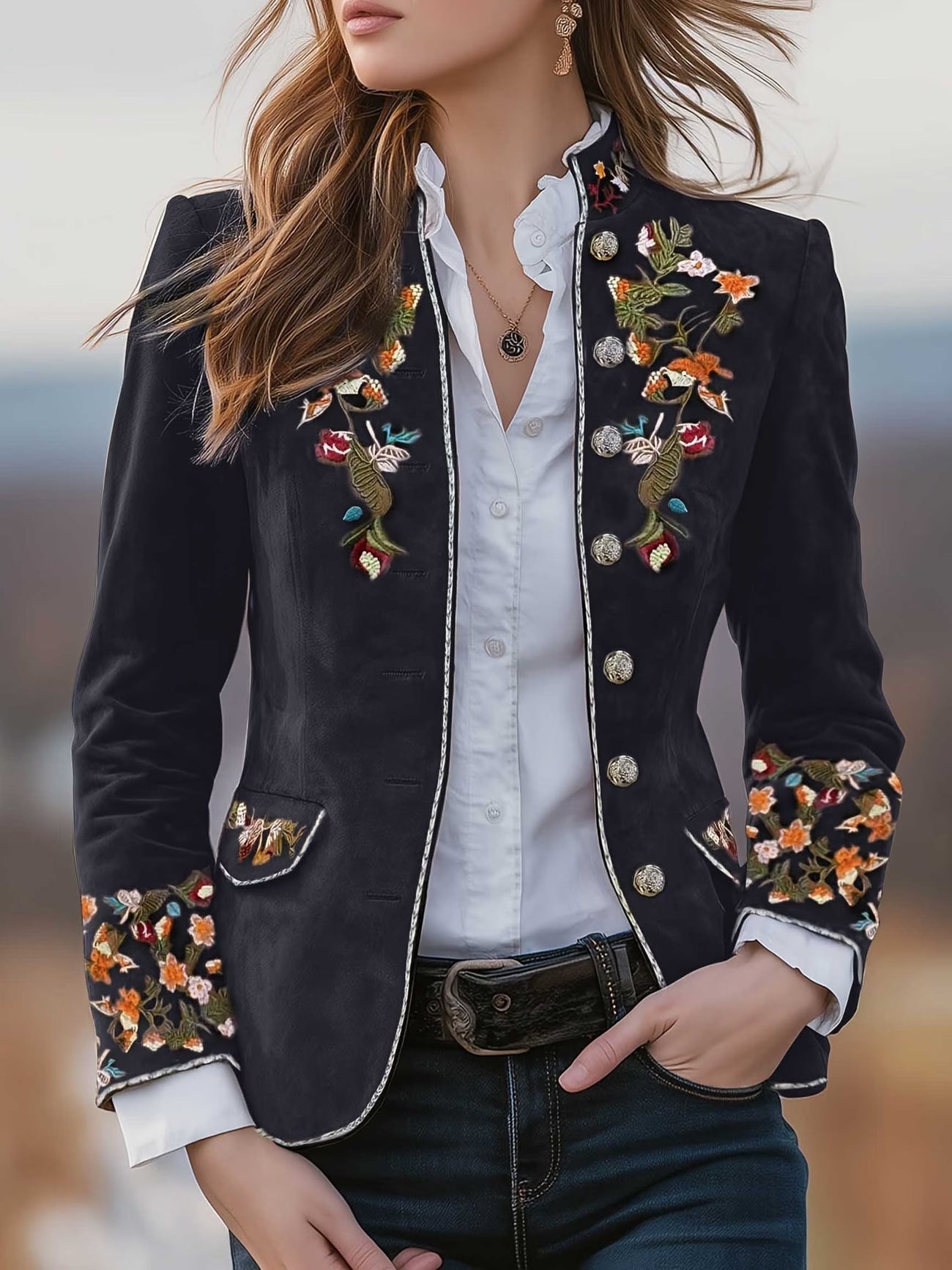 Anisaa | Embroidered Button Front Stand Collar Jacket