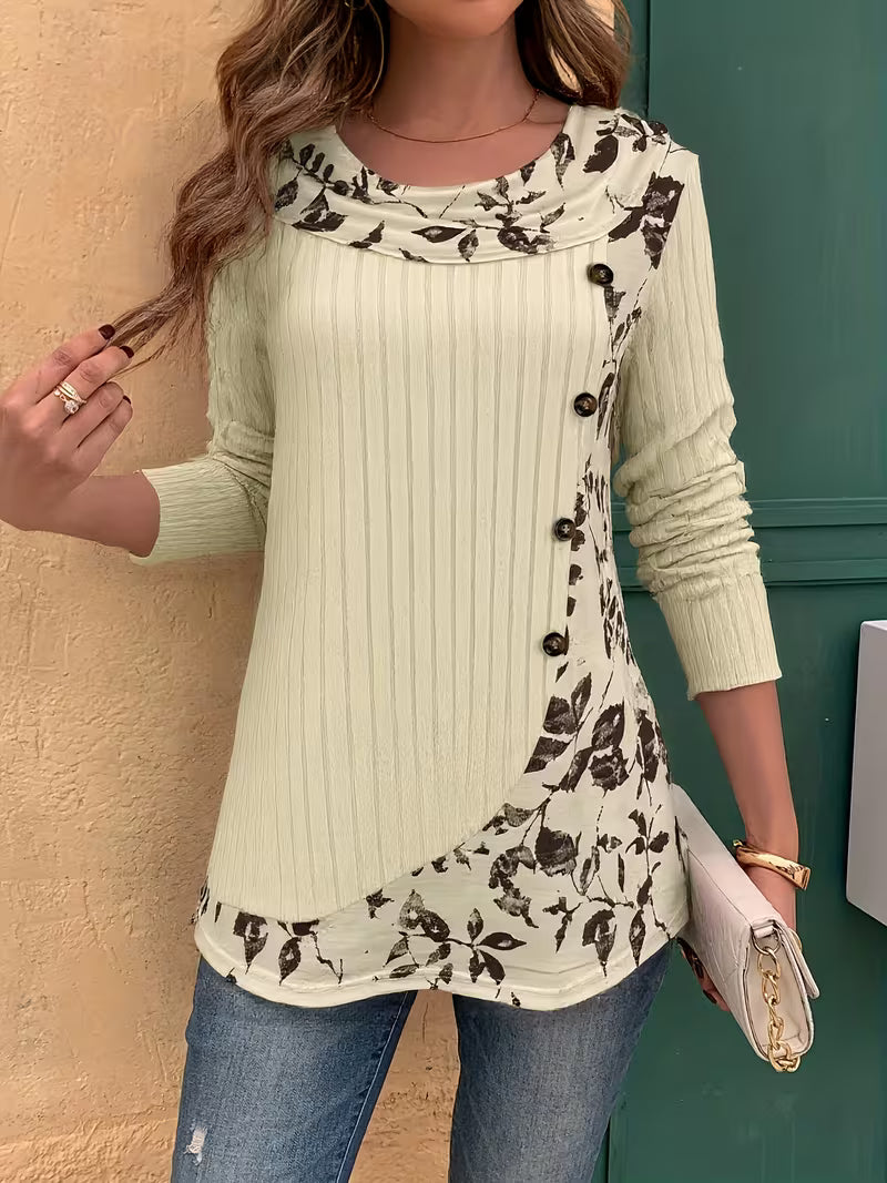 Florilitha | Ribbed Long Sleeve Printed Button Detail Top