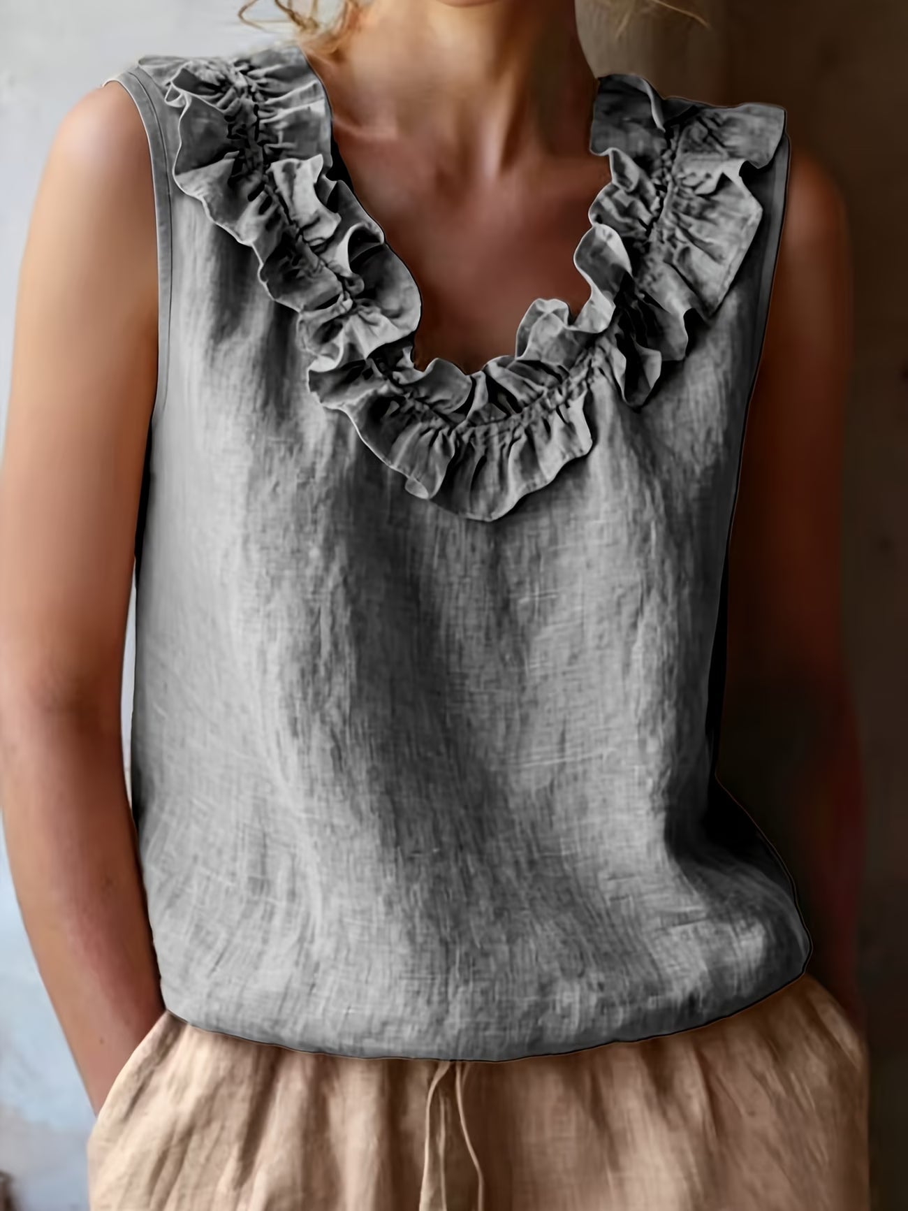 Safiya | Sleeveless Ruffle Neck Loose Blouse