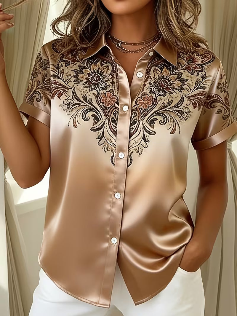 Zirmela | Floral Print Short Sleeve Button Up Top