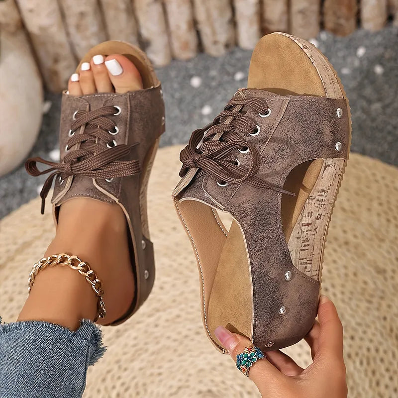 Nadiu | Wedge Slide Sandals with Lace Front
