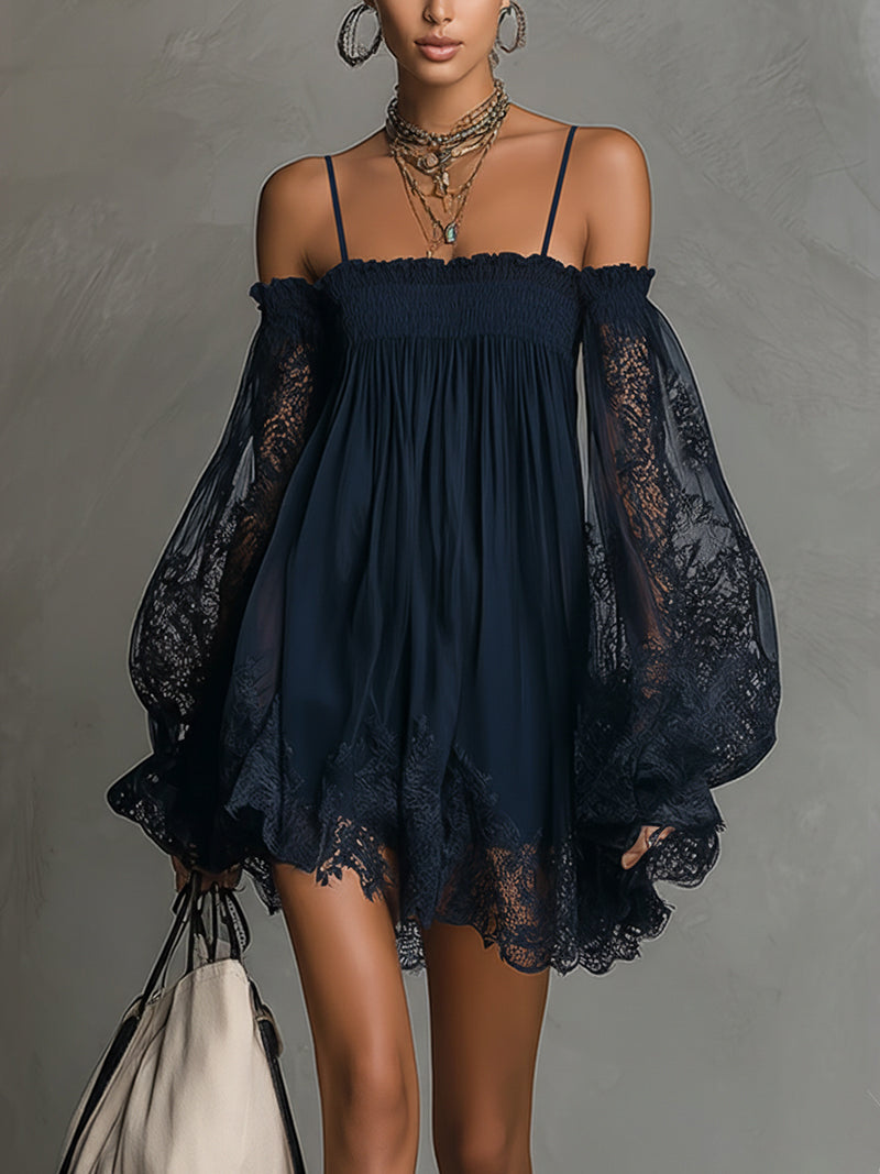 Charity - Off Shoulder Lace Sleeve Navy Mini Dress