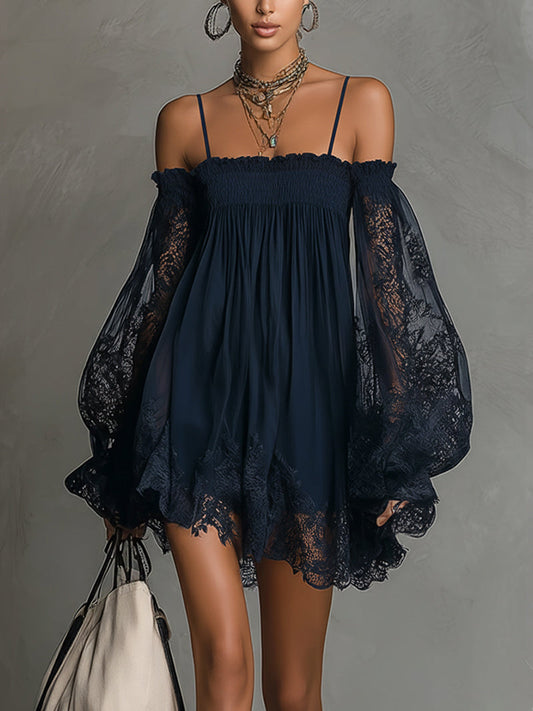 Charity - Off Shoulder Lace Sleeve Navy Mini Dress